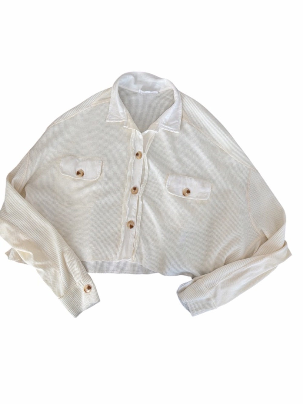 ee:some Cropped, waffle-knit button-down shirt Cream Size Small Oversized